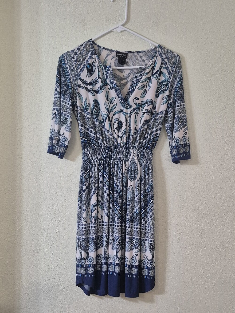 Enfocus Studio Navy and White Floral Paisley Smocked V-Neck Tunic Dress